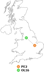 map showing distance between PE2 and OL16