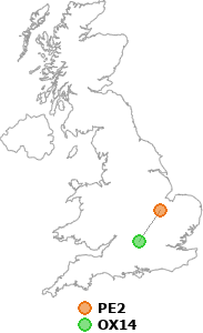 map showing distance between PE2 and OX14