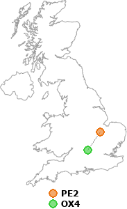 map showing distance between PE2 and OX4