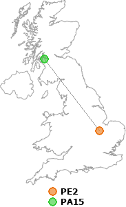 map showing distance between PE2 and PA15