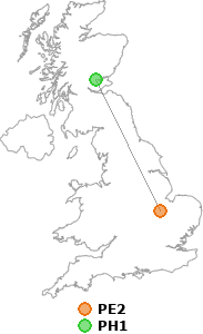 map showing distance between PE2 and PH1