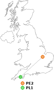 map showing distance between PE2 and PL1