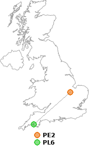 map showing distance between PE2 and PL6