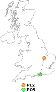 map showing distance between PE2 and PO9