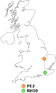 map showing distance between PE2 and RH10