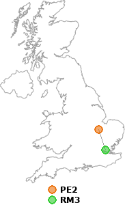 map showing distance between PE2 and RM3