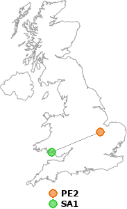 map showing distance between PE2 and SA1