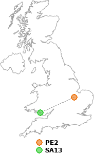 map showing distance between PE2 and SA13