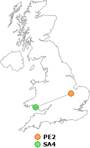 map showing distance between PE2 and SA4