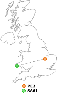 map showing distance between PE2 and SA61