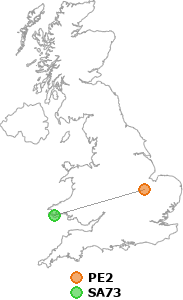 map showing distance between PE2 and SA73