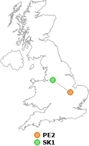 map showing distance between PE2 and SK1