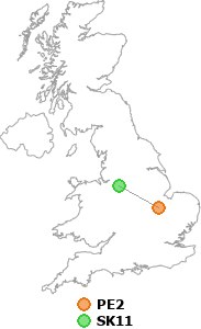 map showing distance between PE2 and SK11