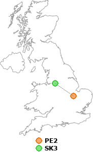 map showing distance between PE2 and SK3