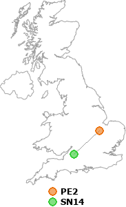 map showing distance between PE2 and SN14