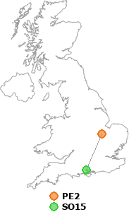 map showing distance between PE2 and SO15