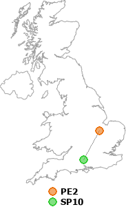 map showing distance between PE2 and SP10