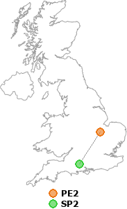 map showing distance between PE2 and SP2