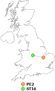 map showing distance between PE2 and ST16