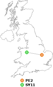 map showing distance between PE2 and SY11