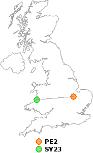 map showing distance between PE2 and SY23