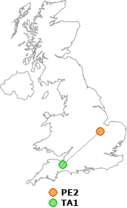 map showing distance between PE2 and TA1