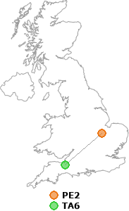 map showing distance between PE2 and TA6