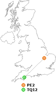 map showing distance between PE2 and TQ12