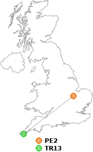 map showing distance between PE2 and TR13