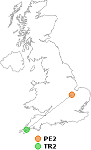 map showing distance between PE2 and TR2