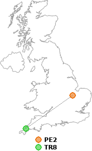 map showing distance between PE2 and TR8