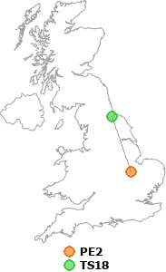 map showing distance between PE2 and TS18