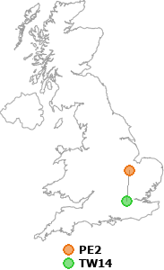 map showing distance between PE2 and TW14