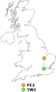 map showing distance between PE2 and TW2