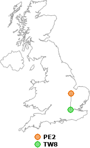 map showing distance between PE2 and TW8