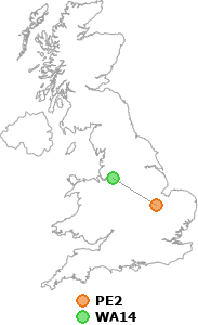 map showing distance between PE2 and WA14