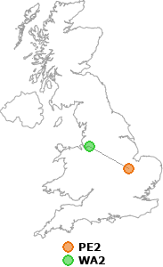 map showing distance between PE2 and WA2