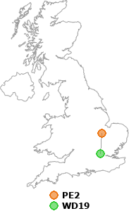 map showing distance between PE2 and WD19