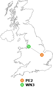 map showing distance between PE2 and WN3