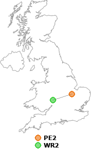 map showing distance between PE2 and WR2