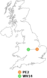 map showing distance between PE2 and WV14