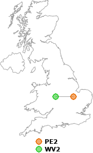 map showing distance between PE2 and WV2