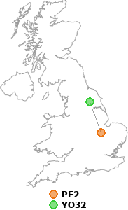 map showing distance between PE2 and YO32