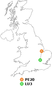 map showing distance between PE20 and LU3