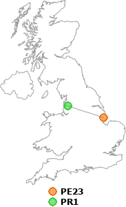 map showing distance between PE23 and PR1