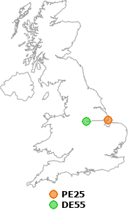 map showing distance between PE25 and DE55