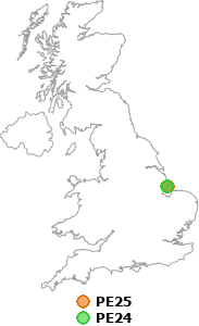 map showing distance between PE25 and PE24