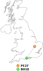 map showing distance between PE27 and BH10