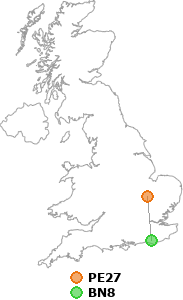 map showing distance between PE27 and BN8