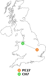 map showing distance between PE27 and CH7